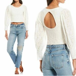 Free People Tea Time Open Back Puff Sleeve Lace Top white M Cottagecore Boho